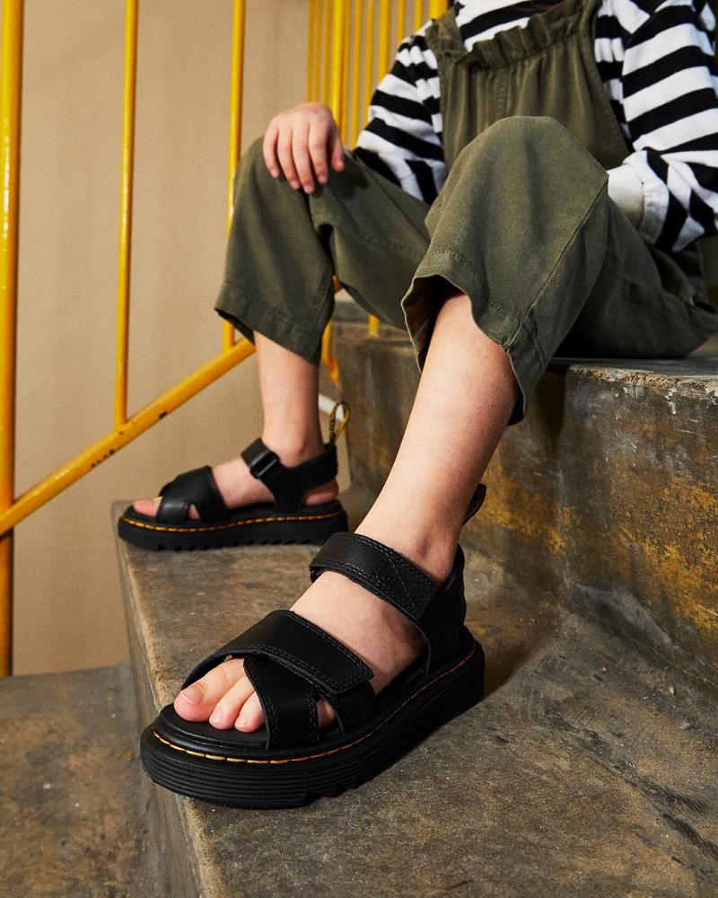 Kids' Dr Martens Junior Vossie Leather Sandals Black | AU 724JPQ